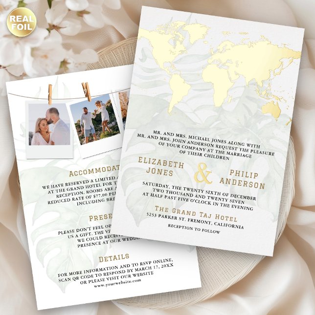Invitation En Aluminium White Tropical Destination World Map Wedding Gold (Créateur téléchargé)