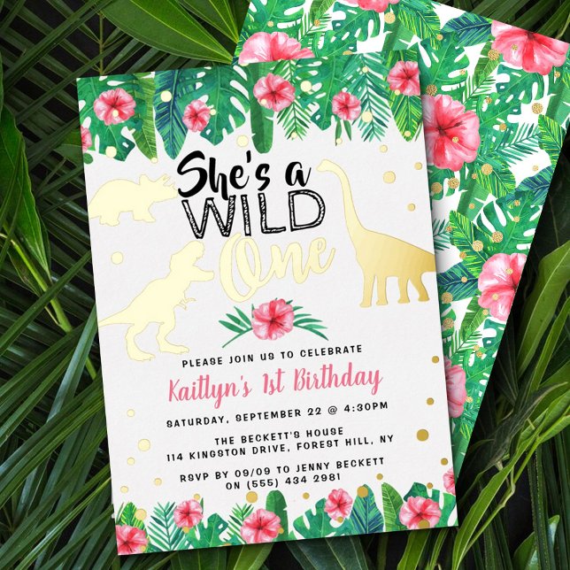 Invitation En Aluminium Wild One Dinosaur Girls 1er anniversaire Real (Créateur téléchargé)