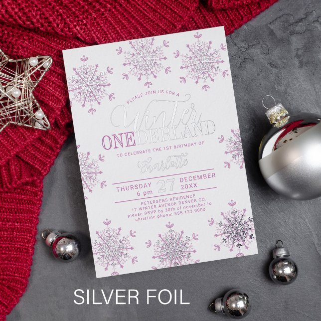 Invitation En Aluminium Winter Onederland silver pink girl first birthday (Créateur téléchargé)