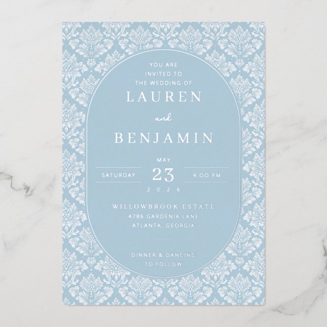 Invitation En Aluminium You Are Invited to Elegant Blue Damask (Recto)