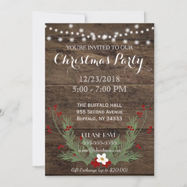 Invitation en bois de fête de Noël de pays (Devant)