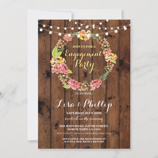 Invitation en bois de guirlande florale de douche (Devant)