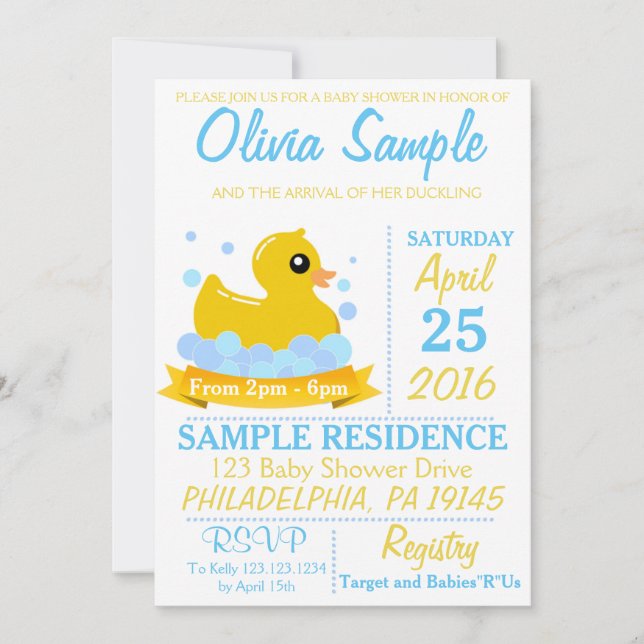 Invitation en caoutchouc de baby shower de canard (Devant)
