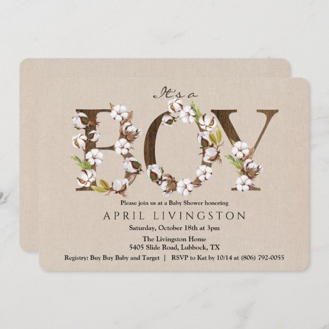 Invitation en coton avec alphabet pour shower de b (Devant / Derrière)