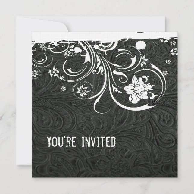Invitation en cuir noir et dentelle blanche (Devant)