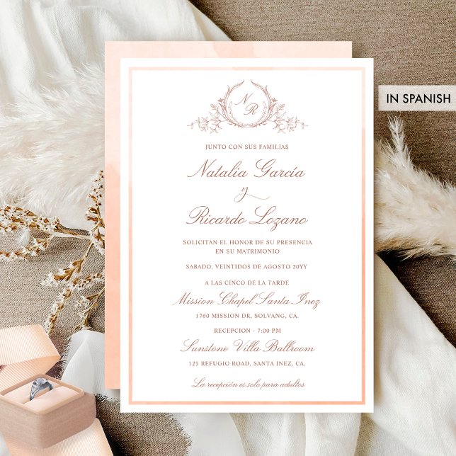 Invitation En espagnol, Elegant Peach Monogram Mariage (Créateur téléchargé)