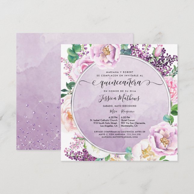 Invitation En Espagnol, Élégante Quinceanera Florale Violette (Devant / Derrière)