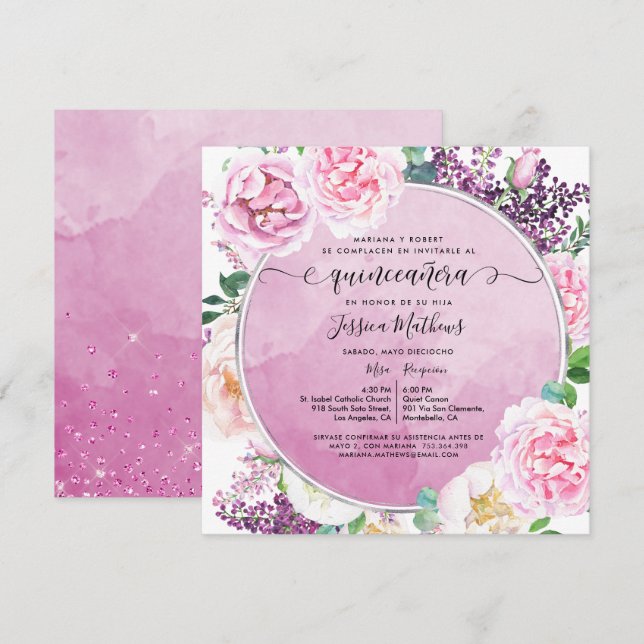 Invitation En espagnol, l'élégant Fuchsia Floral Quinceañera (Devant / Derrière)