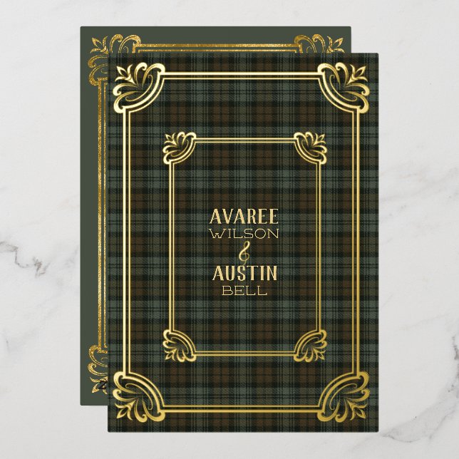 Invitation en feuille d'or avec tartan vieilli Bla (Recto/Verso)