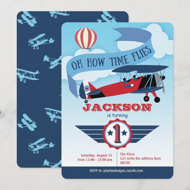Invitation En haut et en loin, Garçon, Aviation, Time Flies,  (Devant / Derrière)