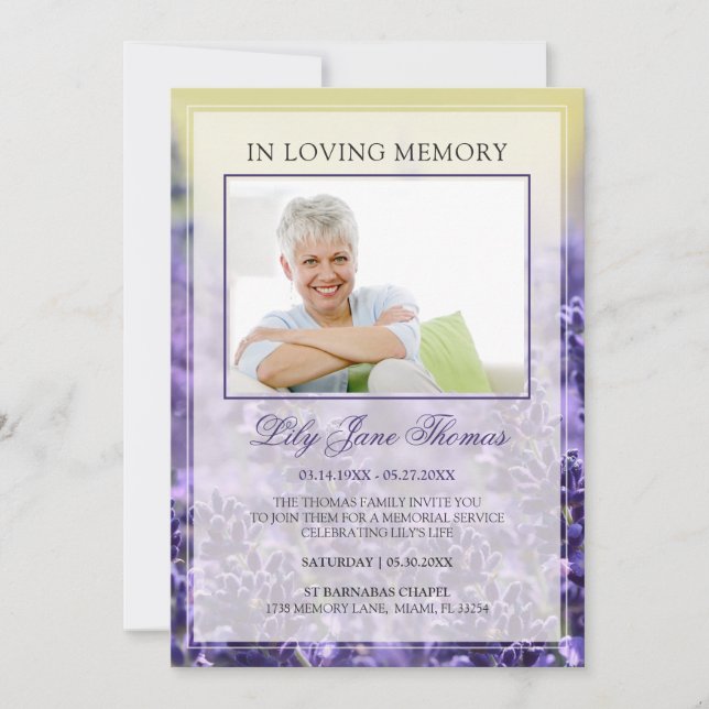 Invitation En Mémoire d'amour Élégante Lavande Photo funérair (Devant)