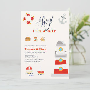 Invitation En mer, C'est un Garçon, Baby Shower Phare