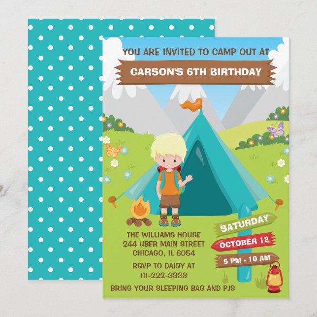 Invitation En Plein Air Camping Anniversaire Fête Blonde Hair (Devant / Derrière)