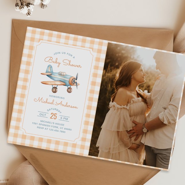 Invitation en vichy avion Boy Baby shower photo (Créateur téléchargé)