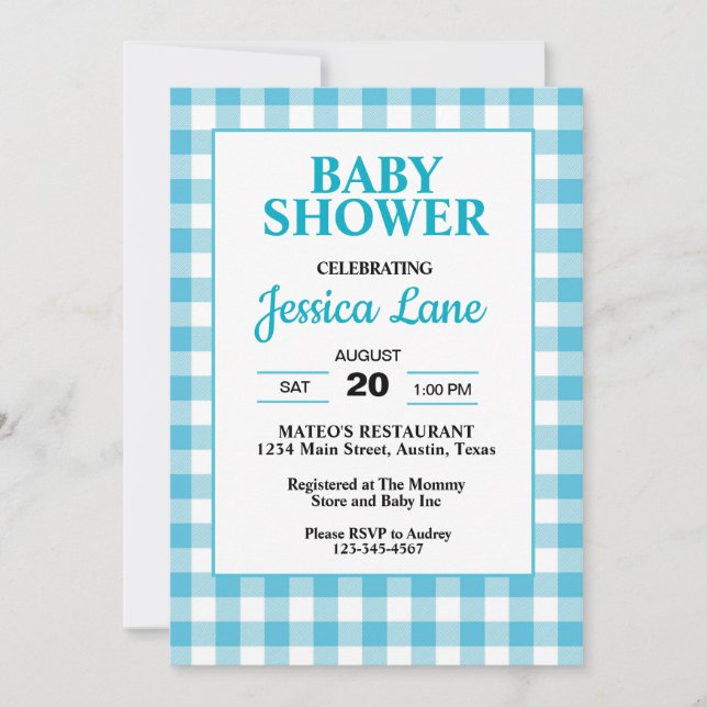 Invitation En vichy Baby shower bleu plaqué (Devant)