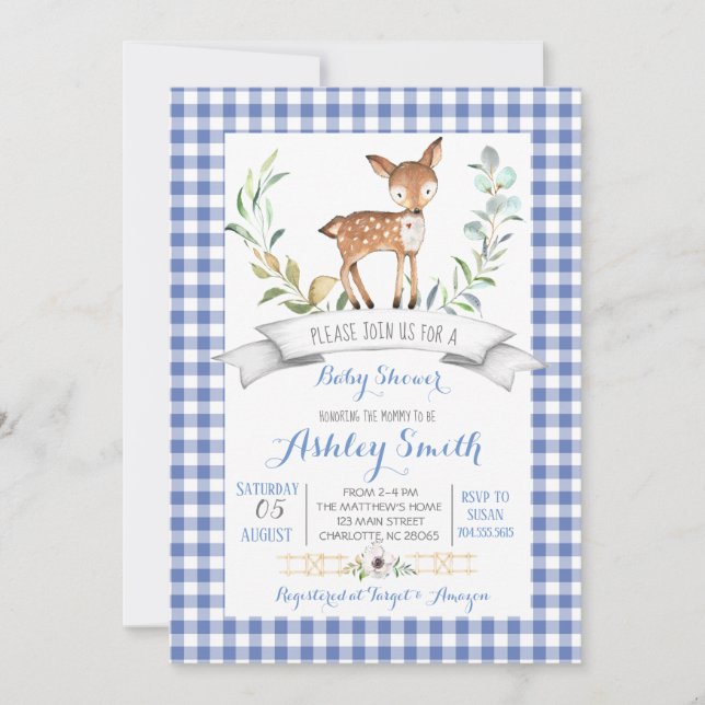 Invitation en vichy baby shower de cerfs de bois (Devant)