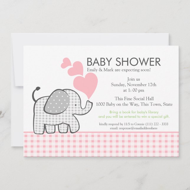 Invitation en vichy Baby shower rose éléphant (Devant)