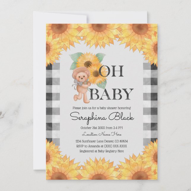 Invitation en vichy Baby shower Teddy Bear de tournesol (Devant)
