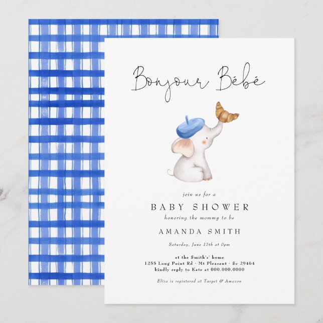 Invitation en vichy Bebe Français Elephant Baby Boy Douche (Devant / Derrière)