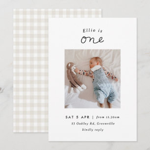 Invitation En vichy Beige minimal Photo 1er anniversaire Invi