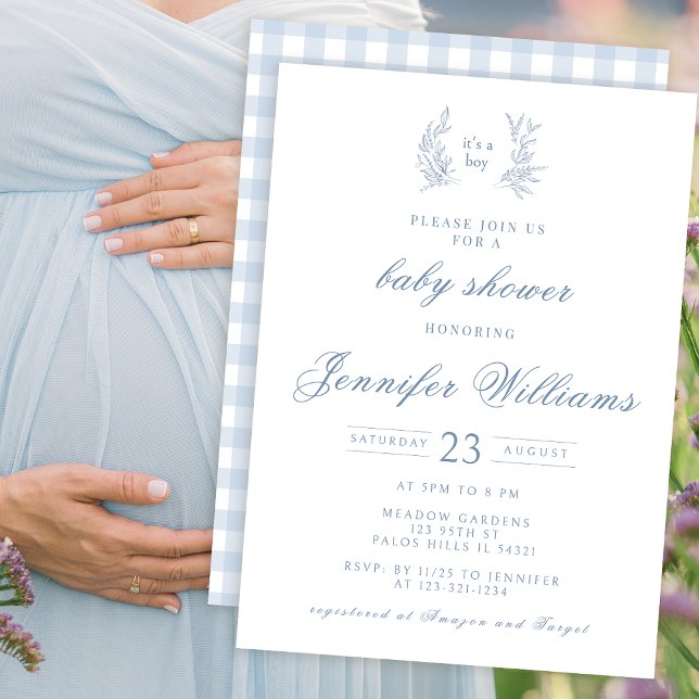Invitation En vichy bleu classique bébé garçon douche invitat (Créateur téléchargé)