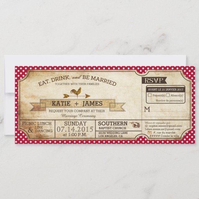 Invitation En vichy Check Country Pique-nique Mariage françai (Devant)
