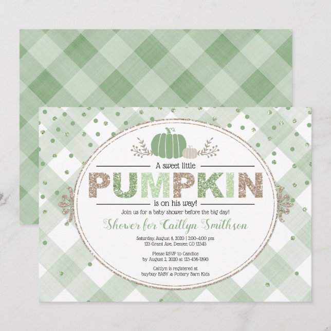 Invitation En vichy citrouille vert baby shower de confetti (Devant / Derrière)