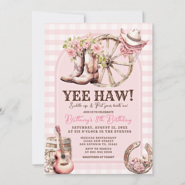 Invitation en vichy Cowgirl Western 8E Anniversaire (Devant)