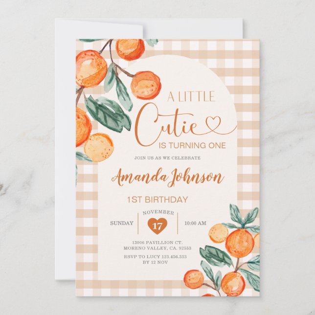 Invitation en vichy cutie tourne à un anniversaire orange (Devant)