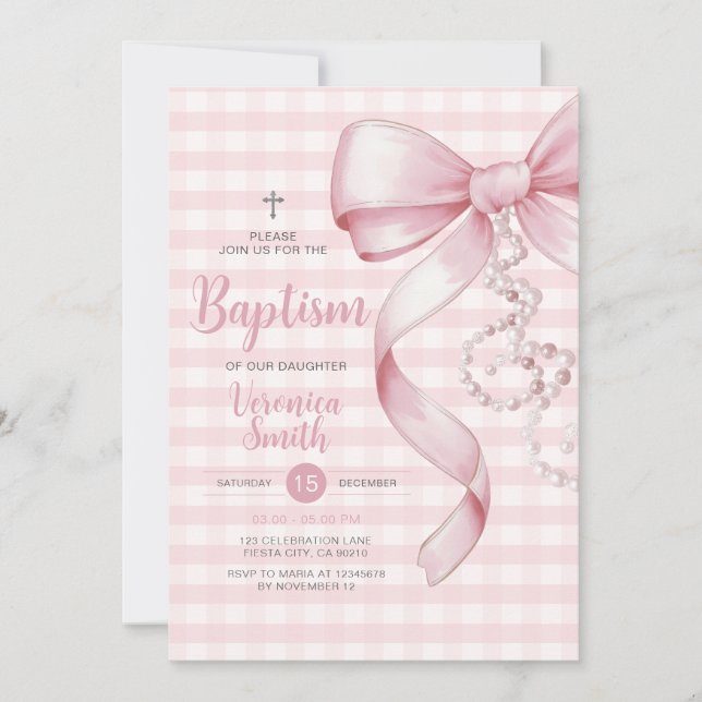 Invitation en vichy fille Baptême croix de perle rose de la c (Devant)