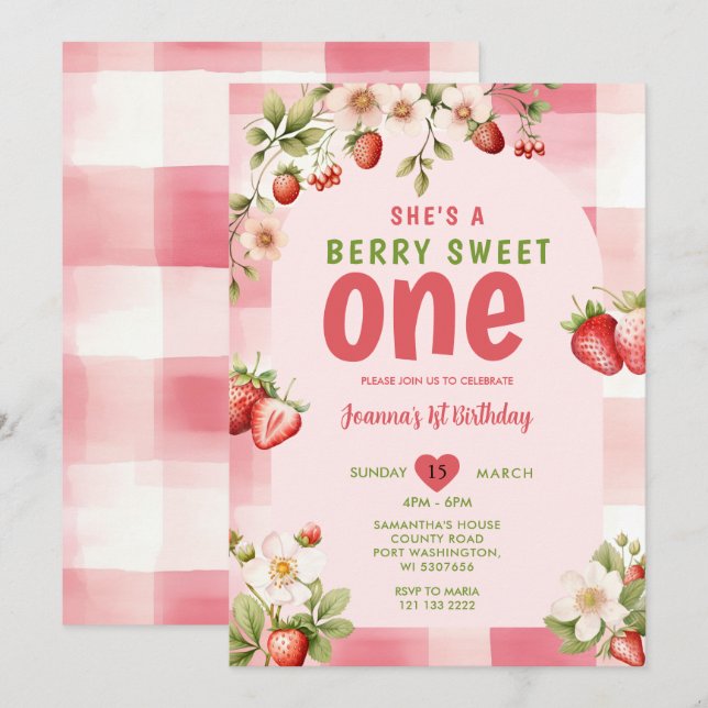 Invitation en vichy fraise sucré une baies 1er anniversaire (Devant / Derrière)