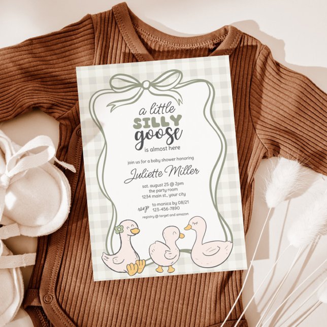 Invitation en vichy Goose Baby shower neutre du genre (Beige Gingham Silly Goose Baby Shower Invite)