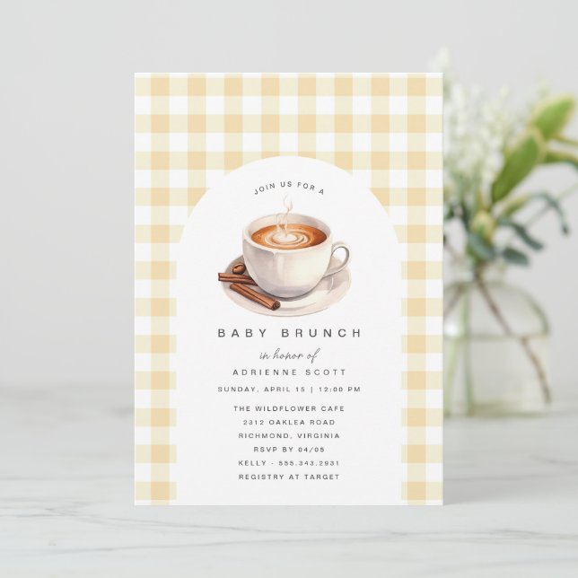 Invitation En vichy jaune | Brunch Baby shower café (Debout devant)