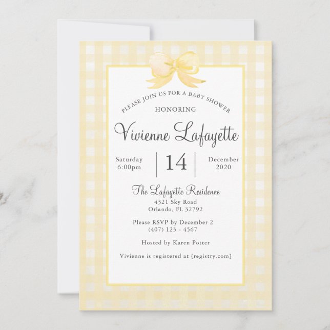Invitation En vichy Jaune mignonne avec Baby shower Bow (Devant)