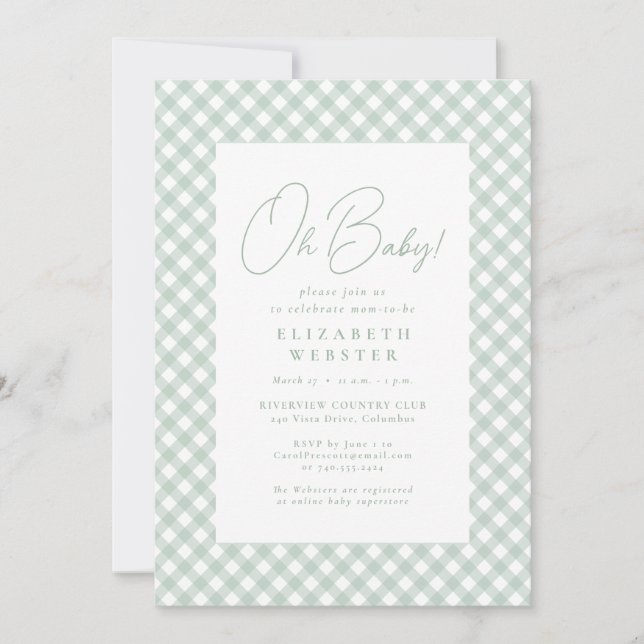 Invitation en vichy joli baby shower vert neutre (Devant)