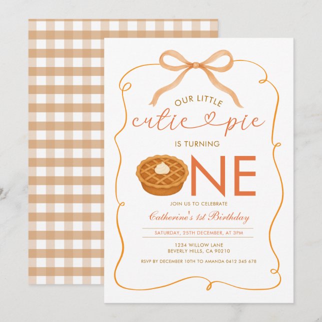 Invitation en vichy Little Cutie Pie Sexe Anniversaire Neutre (Devant / Derrière)