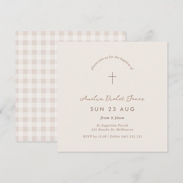 Invitation En vichy minimaliste Baptême Christening Carré Inv (Devant / Derrière)