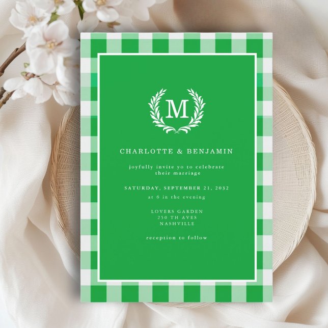 Invitation En vichy monogramme vert (Green Gingham Monogram Crest Invitation. Print & Instant Download.)