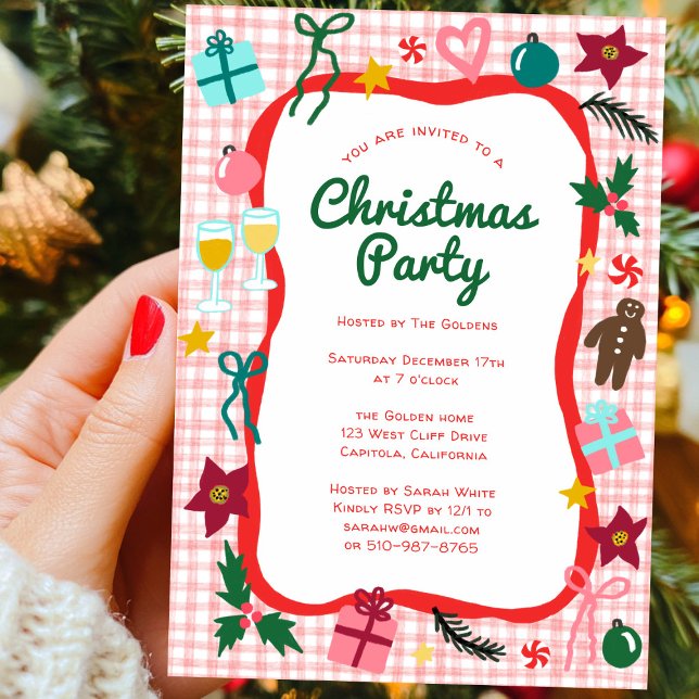 Invitation en vichy Noël Quirky Whimsical Fête sur mesure (Gingham Christmas Quirky Whimsical CUSTOM Holiday Party Invitation
)