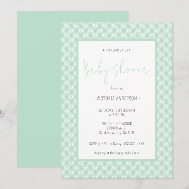 Invitation en vichy Pastel Mint Baby shower non sexiste (Devant / Derrière)