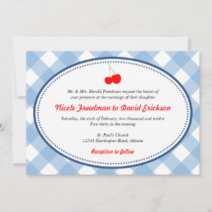 Invitation En vichy pays bleu rustique rouge cerise mariage