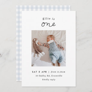 Invitation En vichy photo bleu minimal 1er anniversaire Invit