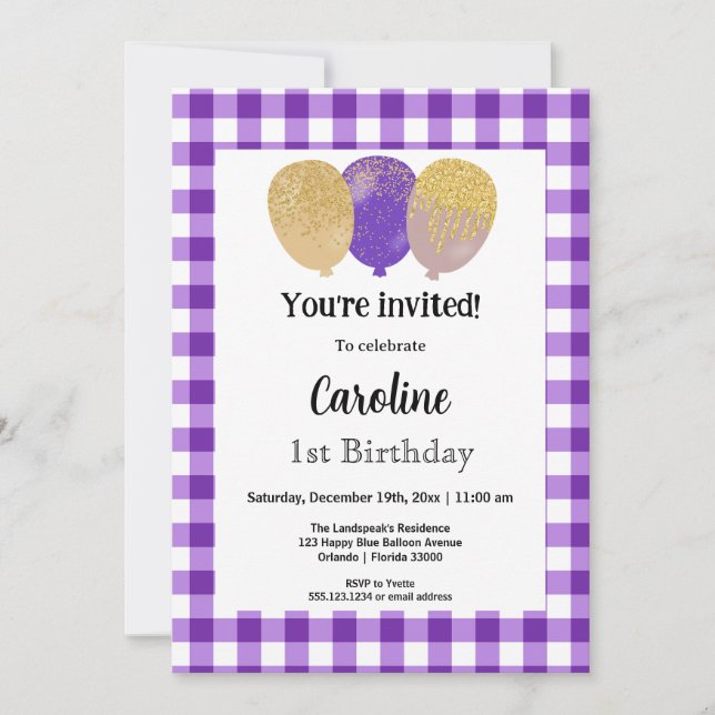 Invitation En vichy pourpre, Ballons de fête 1er anniversaire (Devant)