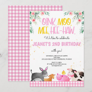 Invitation En vichy Rose Animaux de ferme Filles Anniversaire