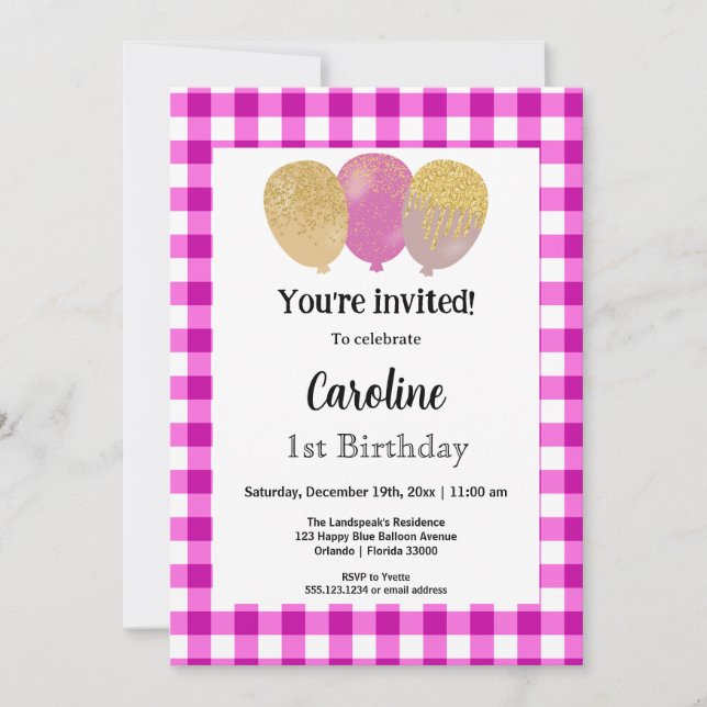Invitation En vichy rose, Ballons de fête 1er anniversaire (Devant)