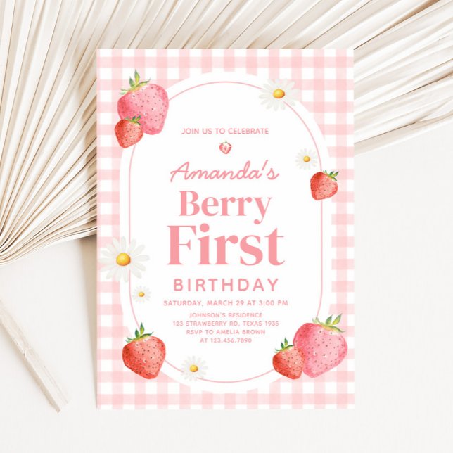 Invitation En vichy rose Fraise Berry Premier anniversaire (Pink Gingham Berry First Birthday Party Invitation)