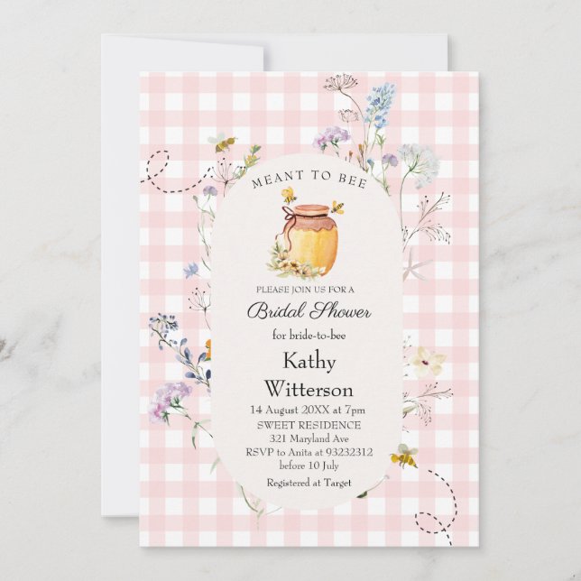 Invitation En vichy Rose Signifie Abeille Fête des mariées (Devant)