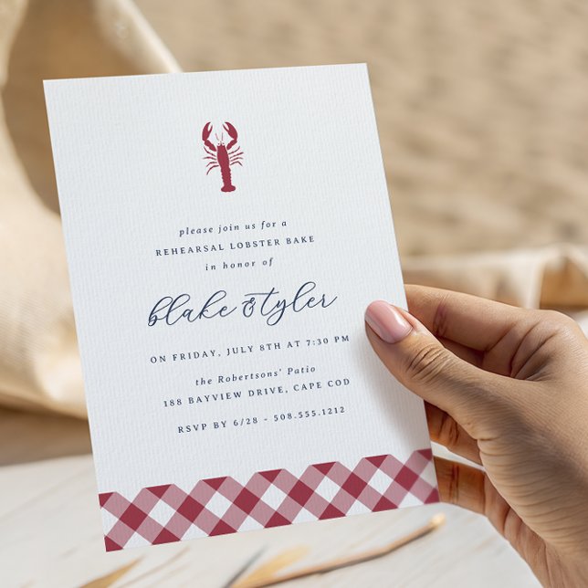 Invitation En vichy rouge | Dîner de répétition au homard (Coastal lobster bake rehearsal dinner invitations)