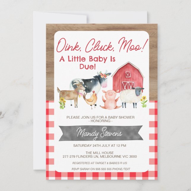 Invitation En vichy rouge et Baby shower du bois (Devant)