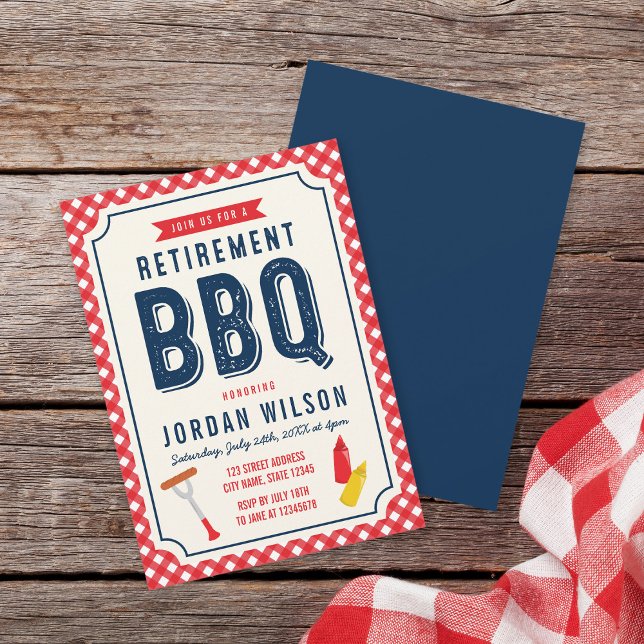 Invitation En vichy rouge et BBQ du parti de retraite bleu (Créateur téléchargé)